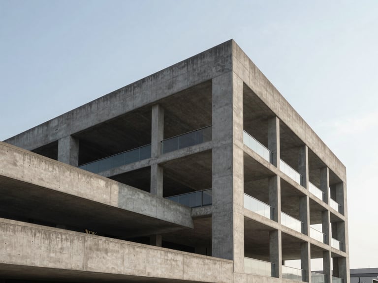 Wide-angle architectural elevation of a concrete and steel structure under crisp morning light, sharp focus, 35mm lens.