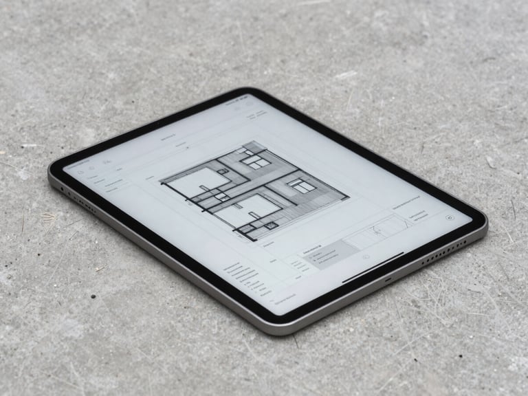 A high-end modern tablet displaying structural site logs and architectural charts, resting on a raw concrete surface, crisp focus, overcast daylight.