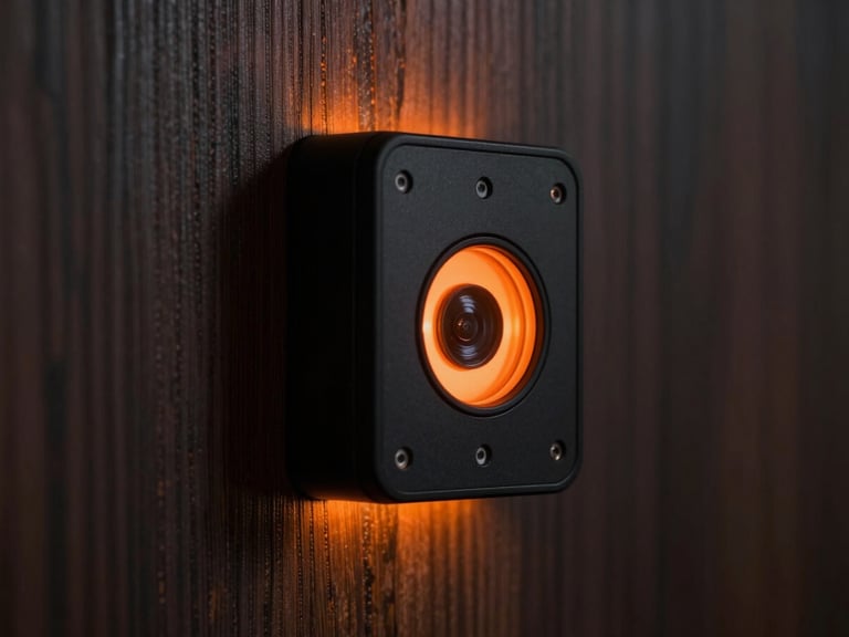 Close-up of a sleek black motion sensor mounted on a dark wood panel, sharp focus, orange ambient light leak, professional security hardware, 35mm.