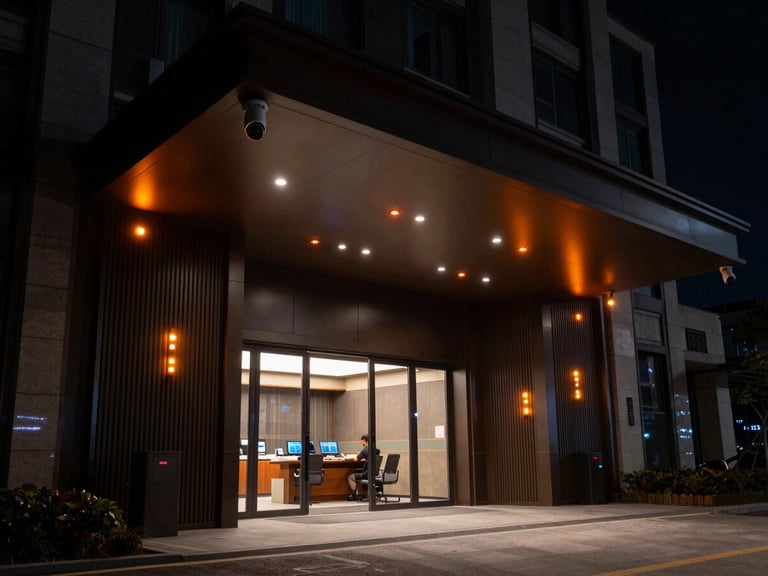 Dramatic low-key wide shot of a modern condominium entrance at night, sharp focus on high-tech surveillance cameras with safety orange status LEDs, security command center feel.