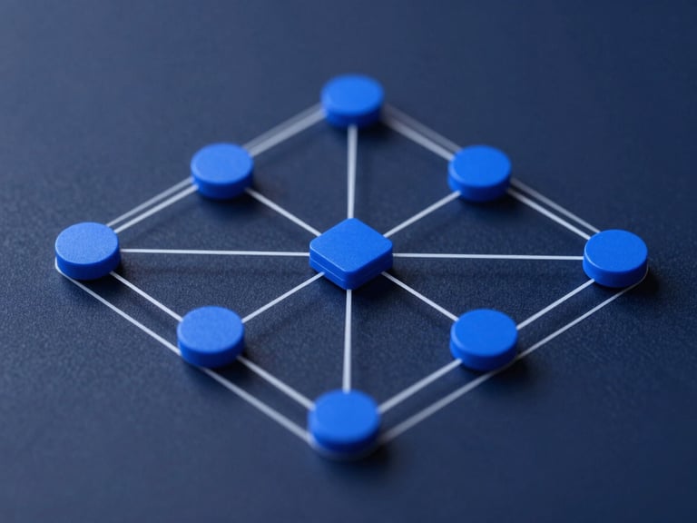Isometric schematic diagram of network routing architecture, clean white lines on a deep slate background, sharp cobalt accents, technical blueprint style.