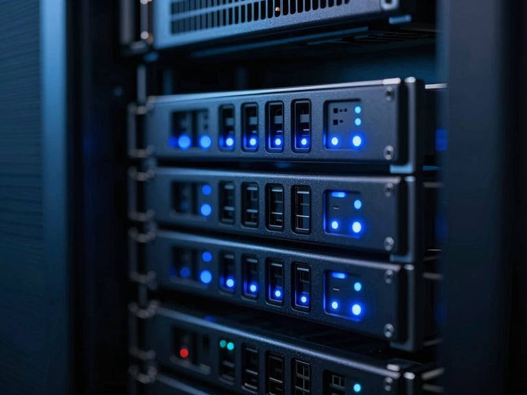Macro shot of a high-performance server rack in a dark data center, illuminated by sharp cobalt blue LED status lights, shallow depth of field.