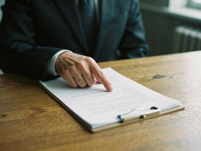 A solicitor's hand pointing to a clause in a legal document on a polished oak desk, soft British daylight, muted forest green tones.