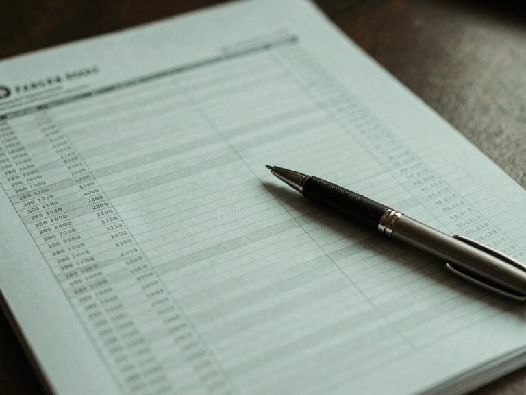 A detailed shot of a financial ledger or spreadsheet on a desk, a pen resting on it, natural light, muted forest green tones.