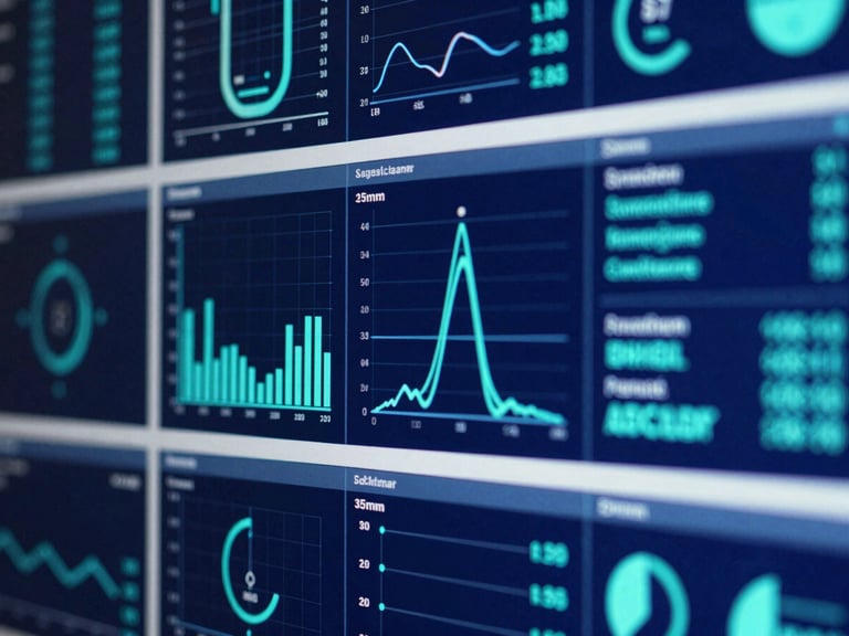 Macro close-up of a digital interface displaying complex multi-modal clinical data visualizations, vibrant teal and blue accents, crisp studio lighting, high-contrast, sharp focus, 35mm