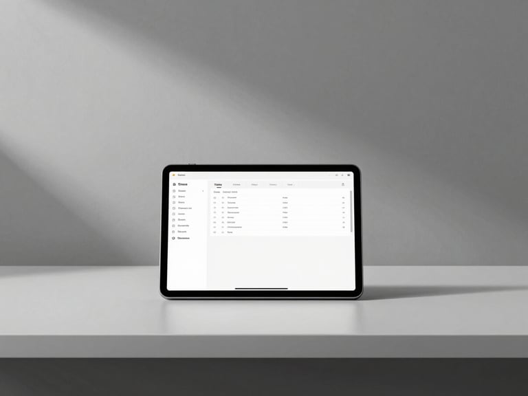 Minimalist desk setup with a tablet displaying a clean database layout, soft architectural shadows, neutral cool tones, 85mm