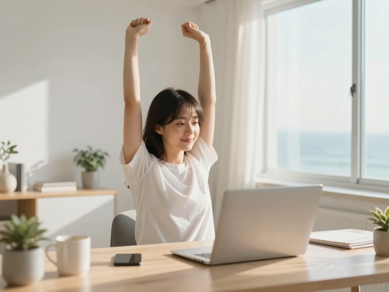 Clean minimalist home office with a person stretching gently in the background, bright natural light, representing remote work wellness.