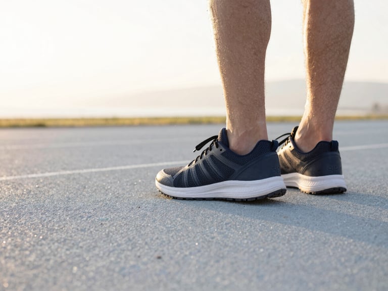 Close-up of athletic shoes on a clean, modern track at sunrise, soft focus, showing active recovery.