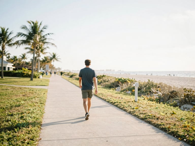 Active individual walking on a sun-dappled coastal path in Fort Lauderdale, palm trees in the distance, warm morning light, soft focus.