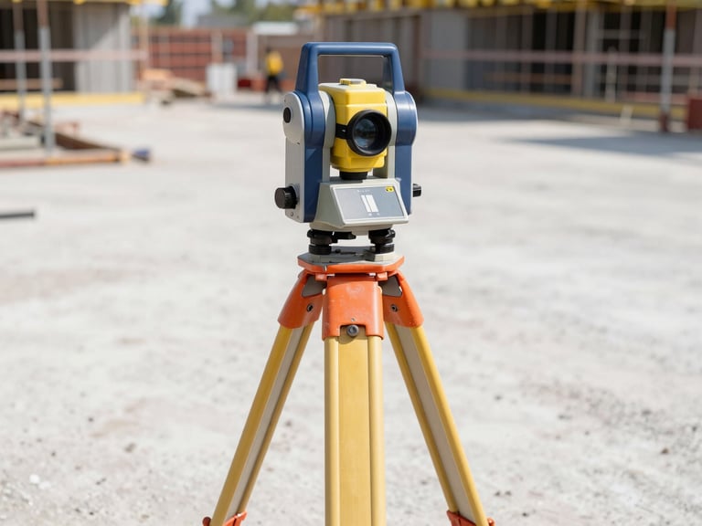 Surveying tools set up on a clean construction site, focusing on a total station under bright natural daylight, crisp industrial photography, high-contrast navy and safety orange tones, sharp focus, 35mm.