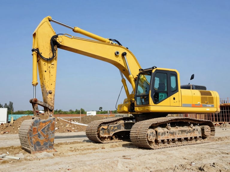 Wide environmental shot of a large, clean yellow excavator on a construction site under bright natural daylight, crisp industrial photography, high-contrast navy and safety orange tones, sharp focus, 35mm.