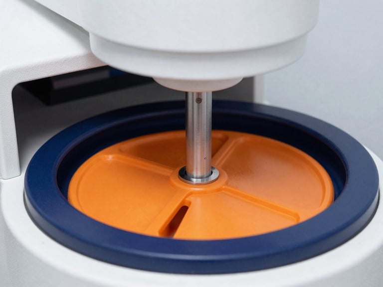 Macro detail shot of sterile, high-precision laboratory centrifuge under clean clinical white studio lighting, crisp industrial photography, high-contrast navy and safety orange tones, sharp focus, 35mm.