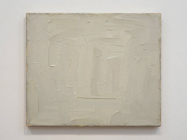 Direct frontal view of a heavily textured oil painting, thick impasto brushstrokes, neutral gallery background, soft diffused daylight