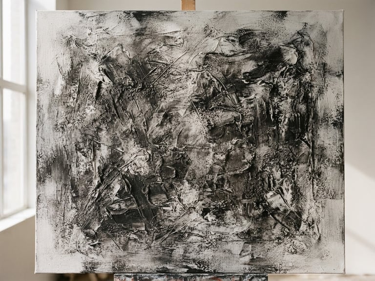 Frontal medium format photograph of a large-scale textured canvas, rich charcoal and white pigment density, soft natural side-light, empty sunlit studio environment