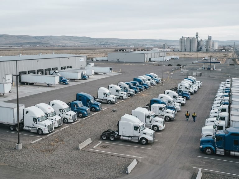 A wide-angle environmental photograph of a clean regional transport yard in Pasco, Washington, with fleet trucks parked under soft overcast daylight, cool desaturated tones, sharp focus, 35mm lens.