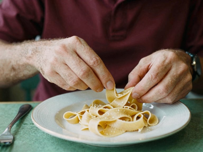 Close-up of a photographer's hands shooting a plate of artisanal pasta with soft, natural light in a cozy restaurant kitchen, deep crimson and forest green tones, 35mm film grain