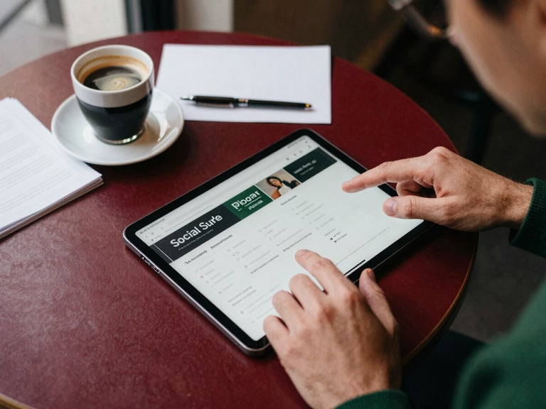 Overhead shot of a strategists hands planning social media content on a tablet with coffee and notes on a cafe table, soft natural scandinavian daylight, deep crimson and forest green tones, 35mm film grain