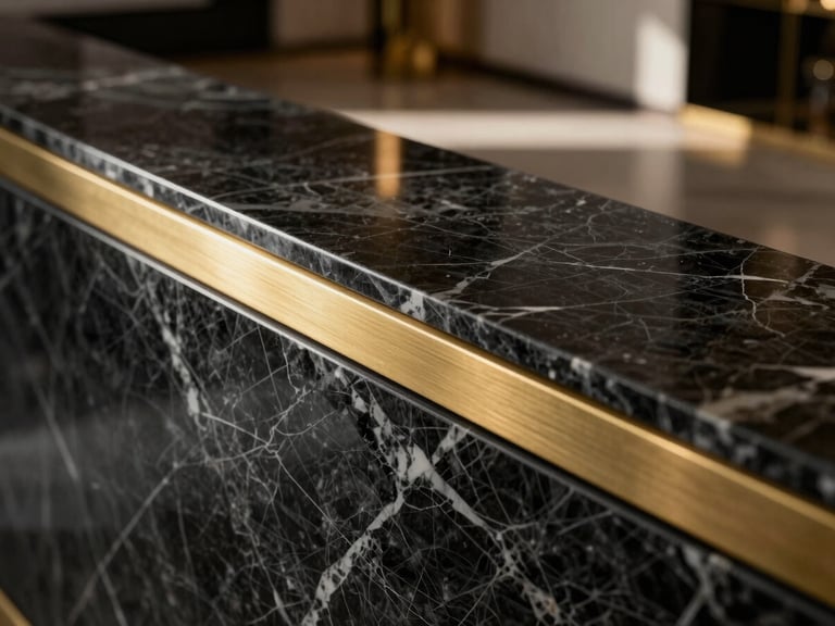 Close-up of premium veined black marble and brushed brass details in a luxury apartment, dramatic shadows, warm light, high-contrast chiaroscuro