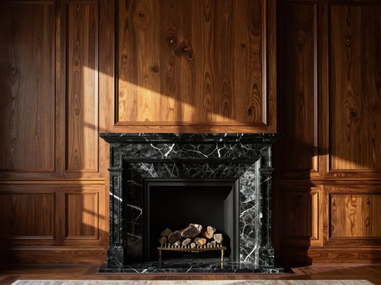 Symmetrical architectural crop of a moody luxury living room, dark oak paneling, veined black marble fireplace, warm golden light cutting through shadows.