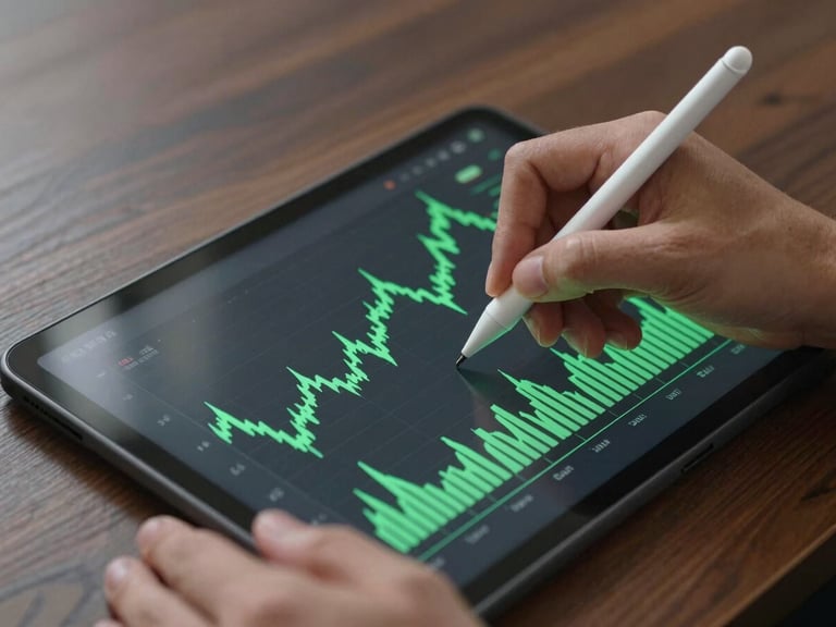 Close-up of hands holding a stylus drawing structured financial charts on a modern tablet, vibrant green accent lines glowing on screen, clean dark wooden table background.