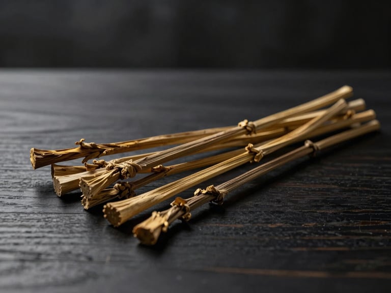Arrangement of dried yarrow stalks on a minimalist dark wood table, soft diffused light, deep shadows, deep charcoal and matte gold tones, high contrast, 35mm.