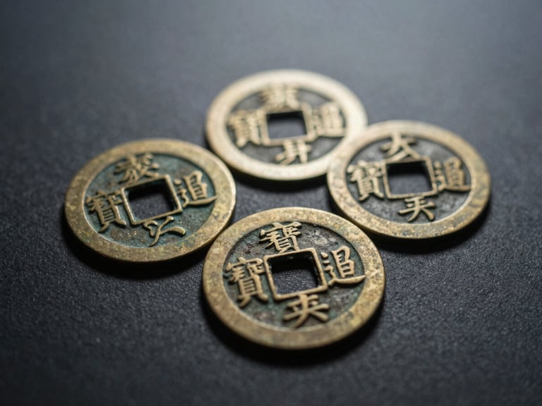 Close-up of three ancient Chinese coins with worn patinas, arranged on a dark, textured surface, soft diffused light, deep charcoal and matte gold tones, high contrast, 35mm.