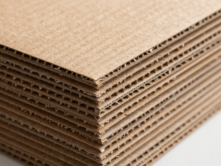 Macro detail shot of corrugated cardboard sheet edges, showing clean precise wavy structural layers, bright natural factory daylight.