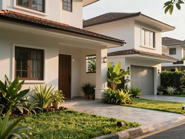 Medium environmental shot of clean modern Indonesian house facades, warm morning light, native plants and green lawns in front, unposed lifestyle feel.