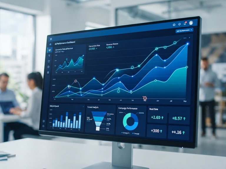 A clean modern analytics dashboard displaying real-time ad performance charts, sharp focus on climbing conversion graphs, deep blue accents