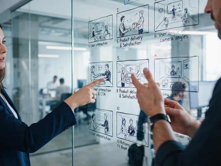 Close-up of a storyboard layout sketched on a glass whiteboard, hands pointing to localized video ad frames, cool-toned studio lighting