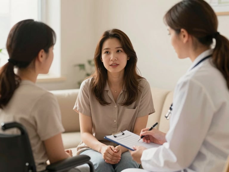 Adult with developmental disability at a doctor's appointment, calmly discussing with a friendly nurse. Soft golden tones, authentic moment, shallow depth of field.