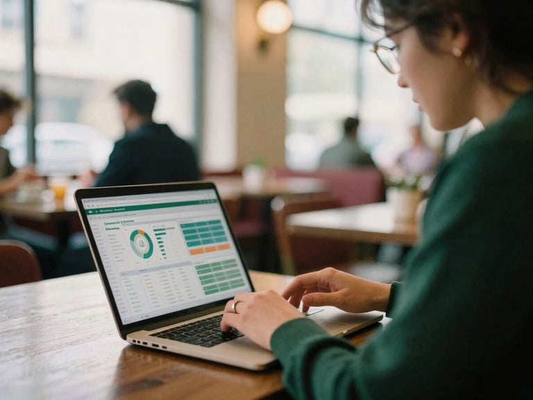 Social media manager reviewing analytics on a laptop, blurred restaurant background, soft natural light, behind-the-scenes, warm editorial photography, 35mm film.