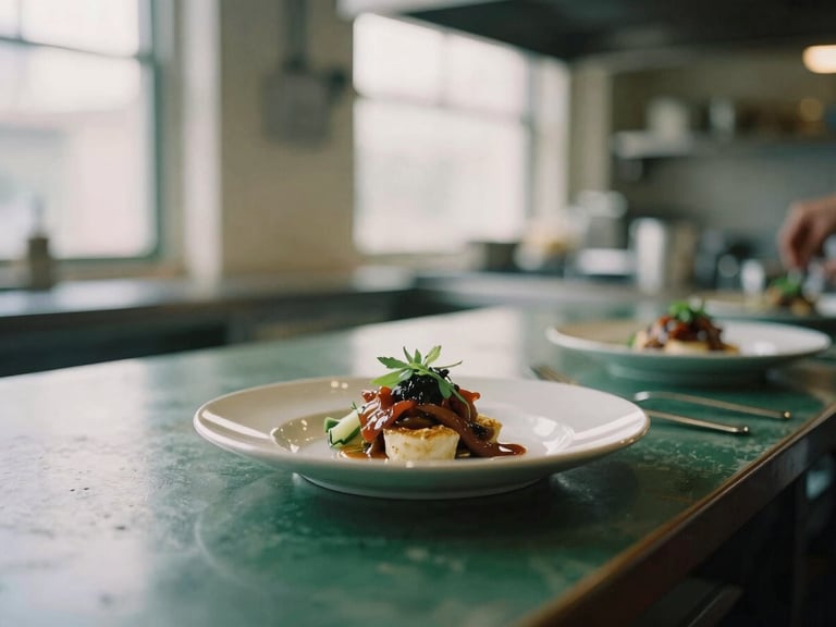 Photographer capturing a dish in a restaurant kitchen, soft natural light, behind-the-scenes, warm editorial photography, 35mm film.