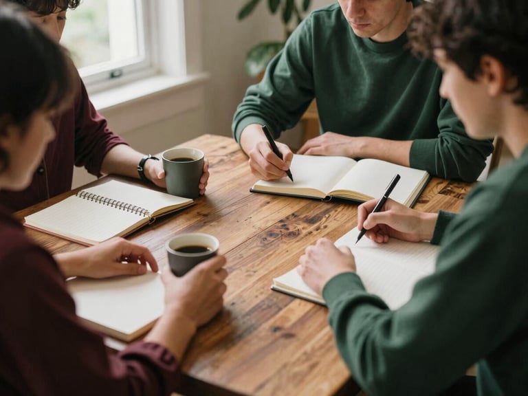 Team members planning content strategy around a rustic wooden table with coffee and notebooks, soft natural light, behind-the-scenes, warm editorial photography, 35mm film.