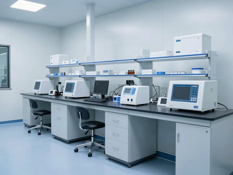 A modern cleanroom laboratory with technical equipment, bright daylight, sterile blue and slate tones, sharp focus, professional editorial style
