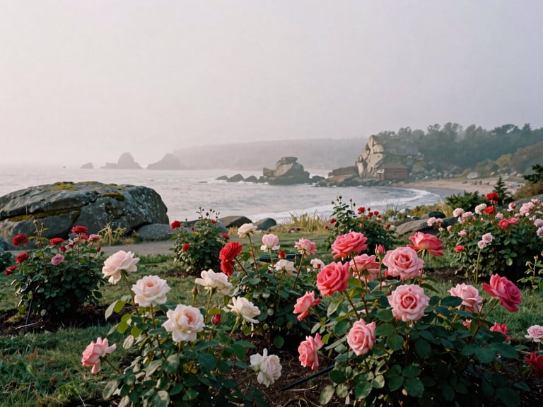 Historic garden with heirloom roses overlooking the dramatic Bay of Fundy tide under soft morning fog, with granite headlands in the distance.