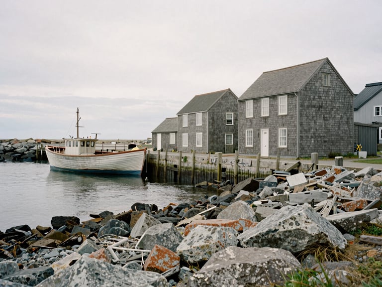 Weathered shingle architecture along a quiet, rocky coastline under soft overcast daylight, with a historic wooden fishing boat in a calm harbor.