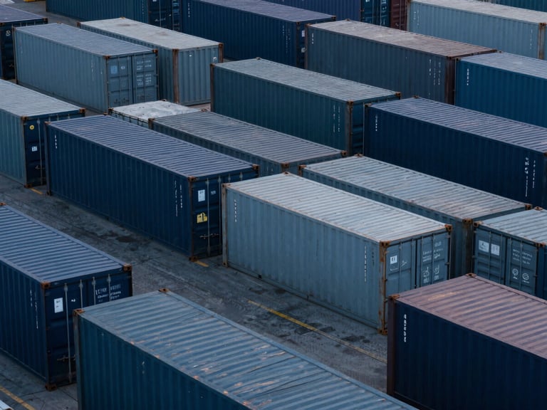 Organized shipping containers at a logistics port at dawn, cool light, wide shot.