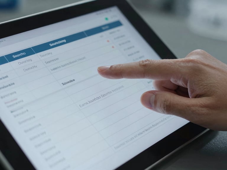Close-up of a hand pointing to a line item on a digital tablet, reflecting sourcing data, cool light.