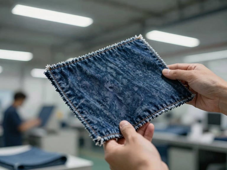 Hands holding up a denim fabric sample for inspection in a factory setting, cool overhead lighting.