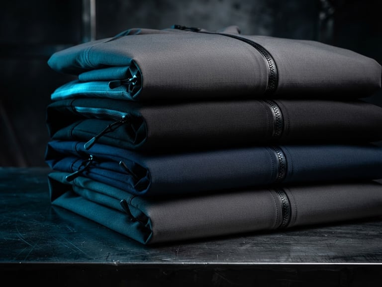 Sleek editorial product photography of minimalist technical jackets stacked neatly on a dark steel surface, sharp high-contrast studio lighting, electric blue gel accents, 50mm lens.