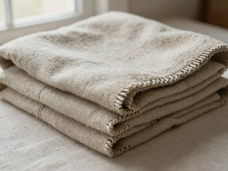 Close-up of hand-loomed organic wool blanket folded neatly, showing raw edges and double-stitch seams, soft side window light.