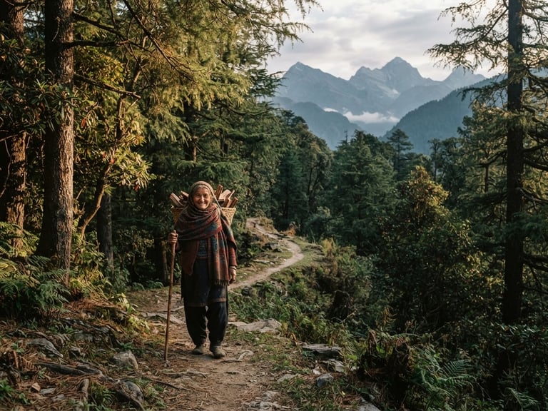 Wide environmental portrait of a remote Himalayan ridge in Almora, soft morning light filtering through deodar branches, deep forest green and slate tones, 35mm photography.