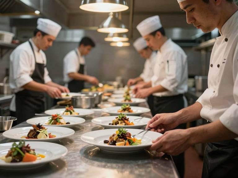 A busy but orderly restaurant kitchen during service, chefs plating dishes under warm pendant lights, soft focus on the foreground plate