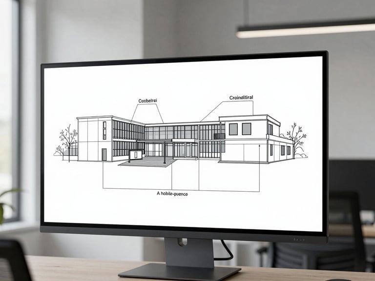 A clean architectural system diagram displayed on a high-resolution screen in a minimalist enterprise office, cool natural lighting, sharp focus.