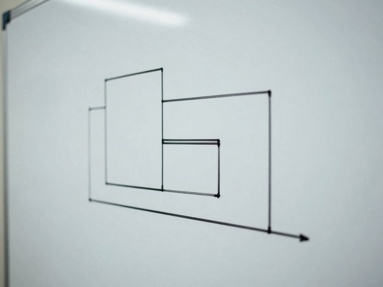 Crisp, minimalist architectural system diagram on a physical whiteboard, cool natural lighting, clean lines, macro focus, no people.