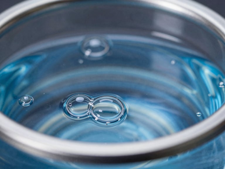 macro close-up of stable nanobubbles forming at a gas-liquid interface within a transparent fluid system, sharp industrial product photography, crisp directional studio lighting, metallic steel and safety blue tones, macro lens, high contrast