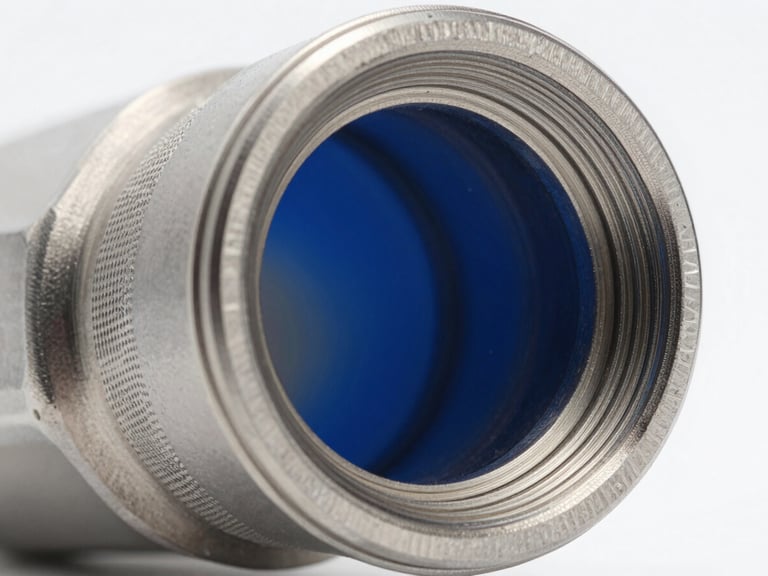 close-up of a precision-machined stainless steel jet nozzle, showing internal geometry, sharp industrial product photography, crisp directional studio lighting, metallic steel and safety blue tones, macro lens, high contrast