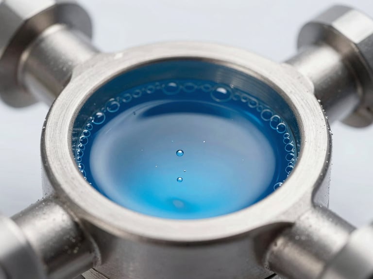 Macro close-up of a gas-liquid interface within a stainless steel manifold, showing dissolved nanobubbles, crisp directional studio lighting, metallic steel and safety blue tones.