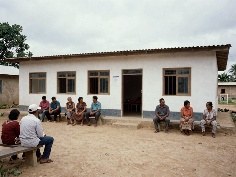 Wide environmental shot of a community health clinic in a rural setting under overcast daylight, local patients waiting outside naturally, authentic 35mm documentary framing.